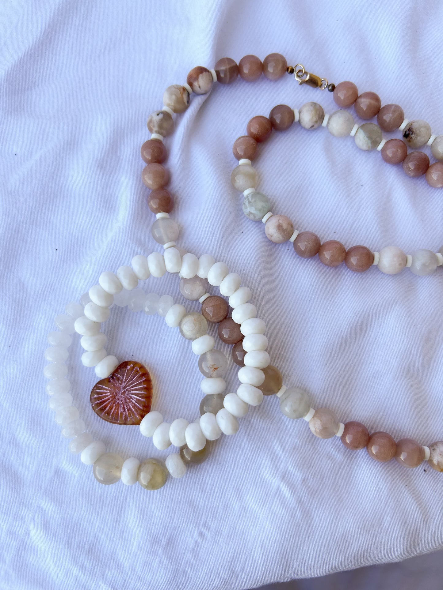 Pink and Cream Set : Moonstone, Czech Glass, Botswana Agate, and Gold Filled Clasp