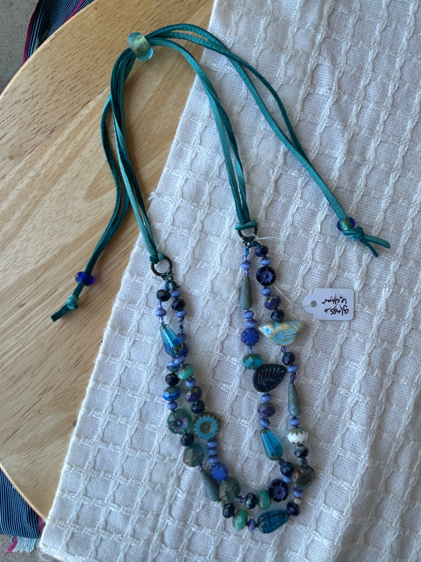 Czech Glass and Leather Necklace in Bkue