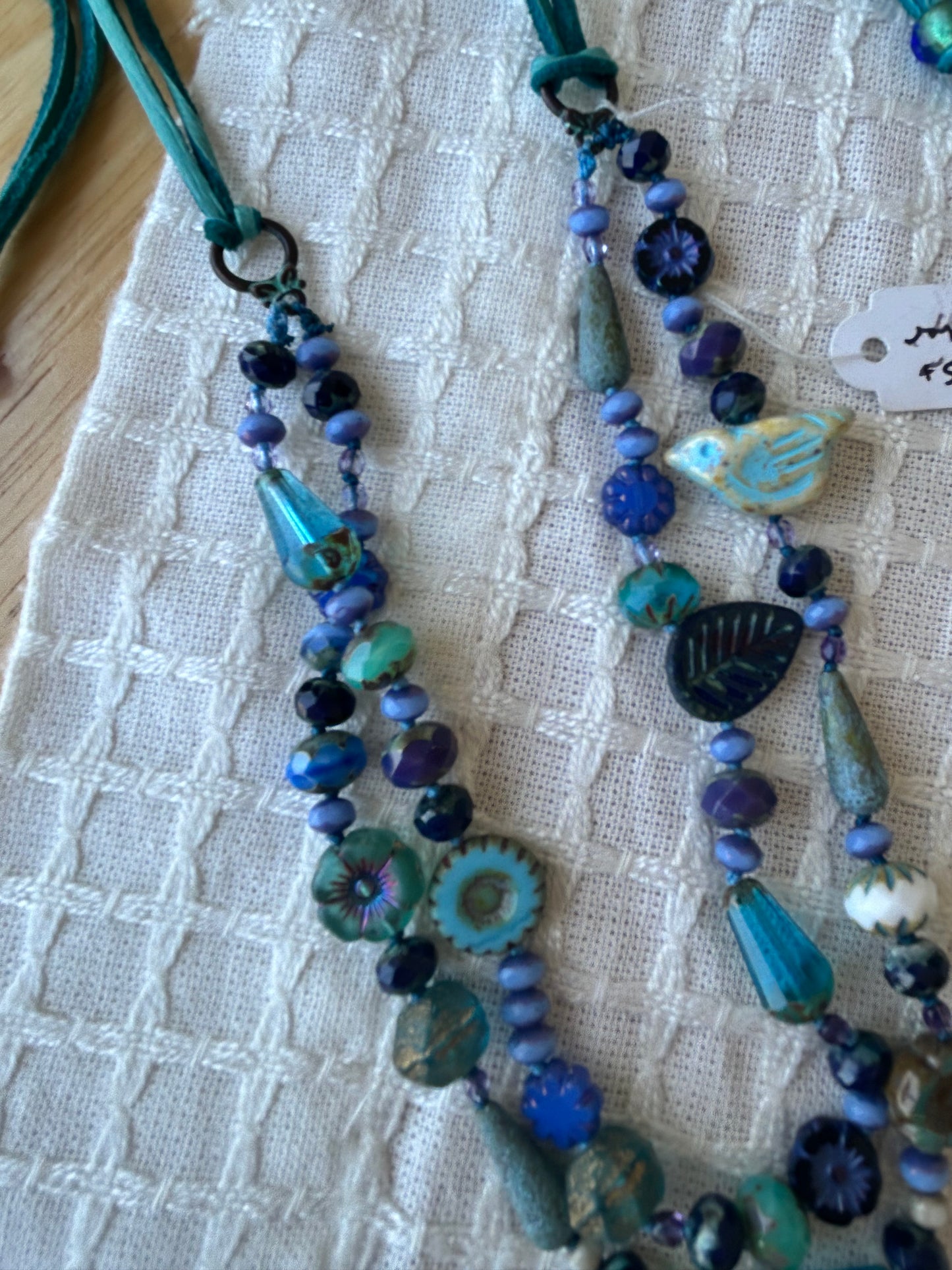 Czech Glass and Leather Necklace in Bkue