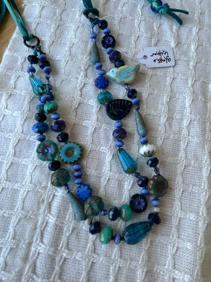 Czech Glass and Leather Necklace in Bkue