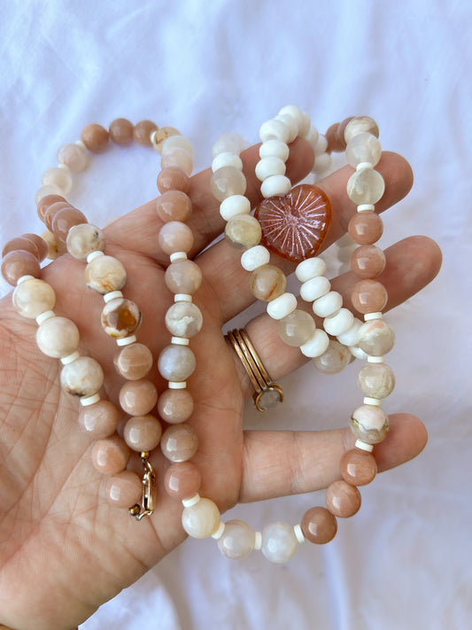 Pink and Cream Set : Moonstone, Czech Glass, Botswana Agate, and Gold Filled Clasp